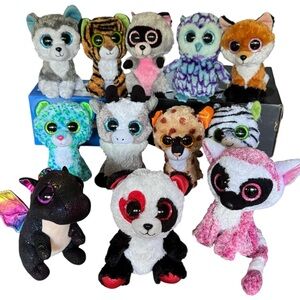Lot of 12 Ty Beanie Boos Stuffed Animals, Dragon, Fox, Panda, Owl, Goat, Cats…